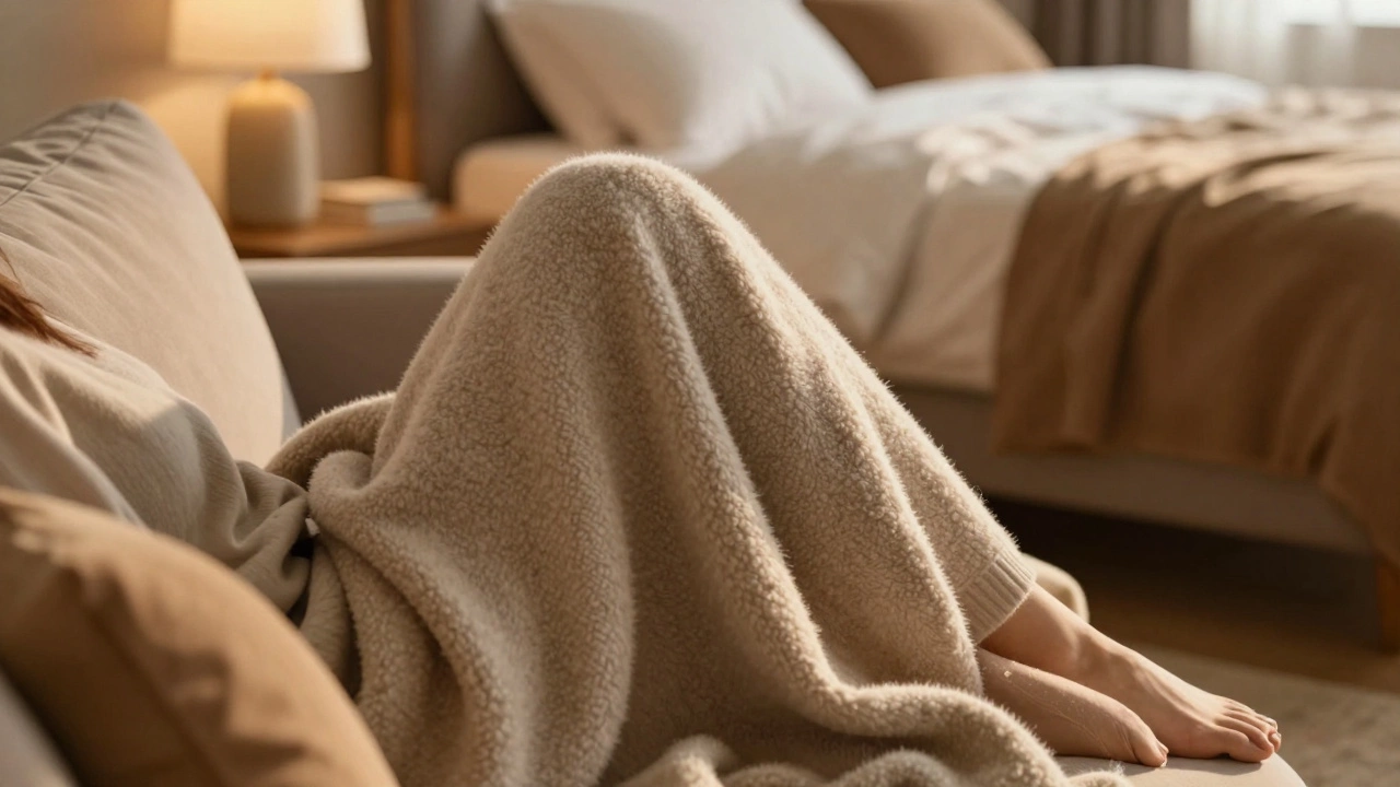 A person using a soft wool throw blanket while relaxing on a sofa