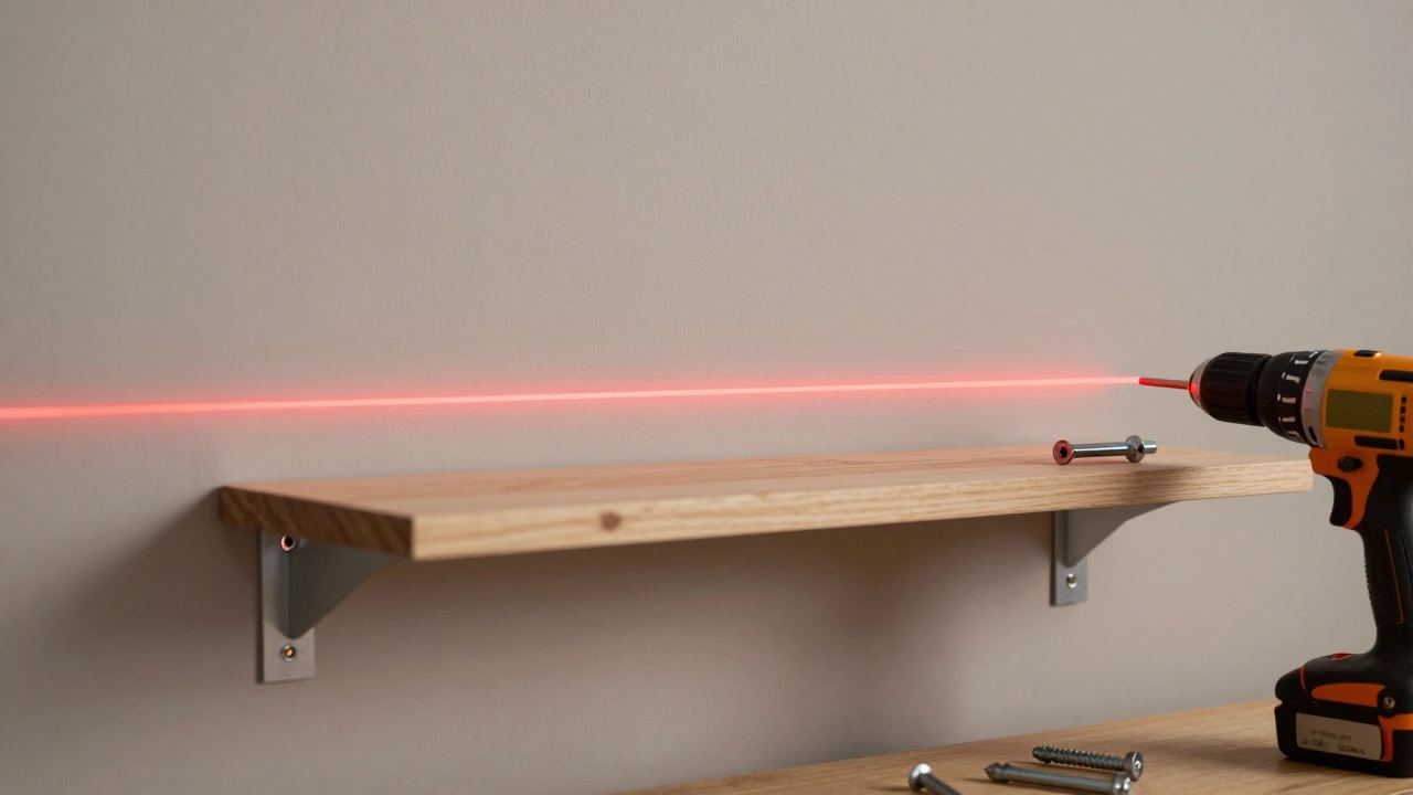 A red laser level projecting a straight line on a wall for shelf installation
