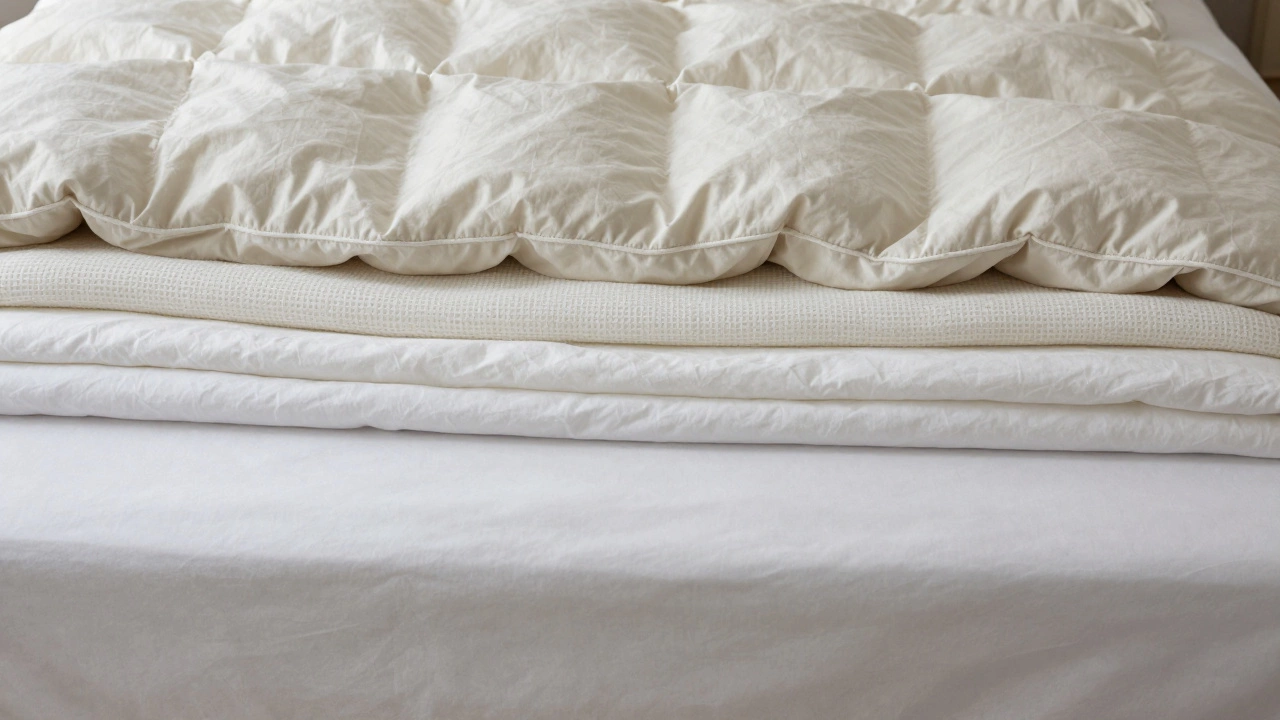 A side view of a bed showing layers of a sheet, cotton blanket, and a comforter