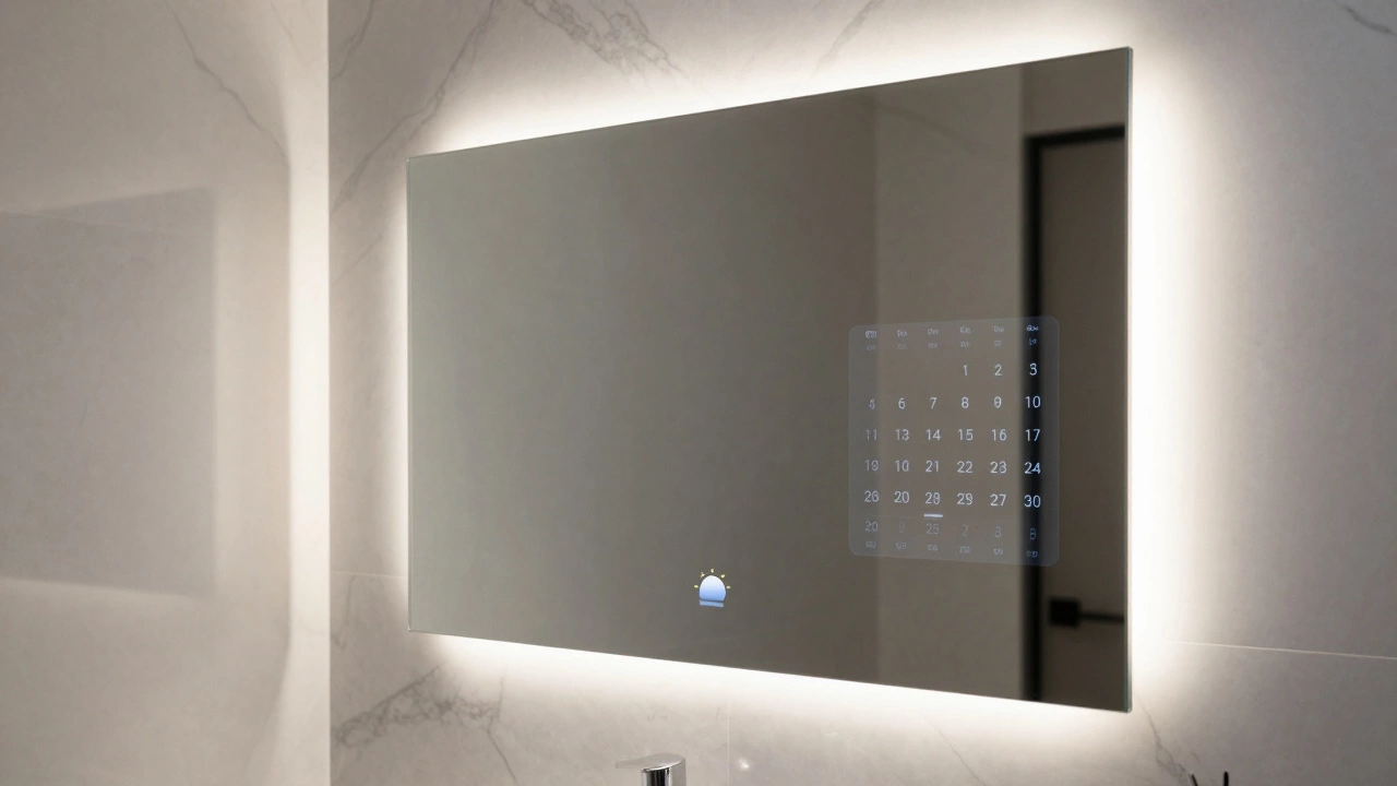 A smart mirror in a bathroom with integrated LED lighting and a digital interface display.