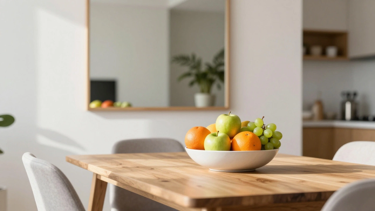 Bright modern room with a mirror reflecting a bowl of fruit to show abundance
