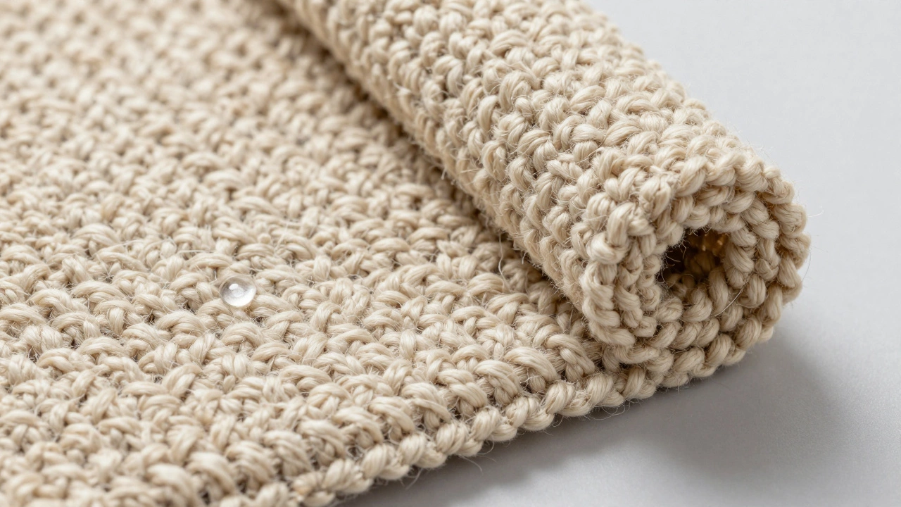 Close-up of a stain-resistant polypropylene rug with a water droplet