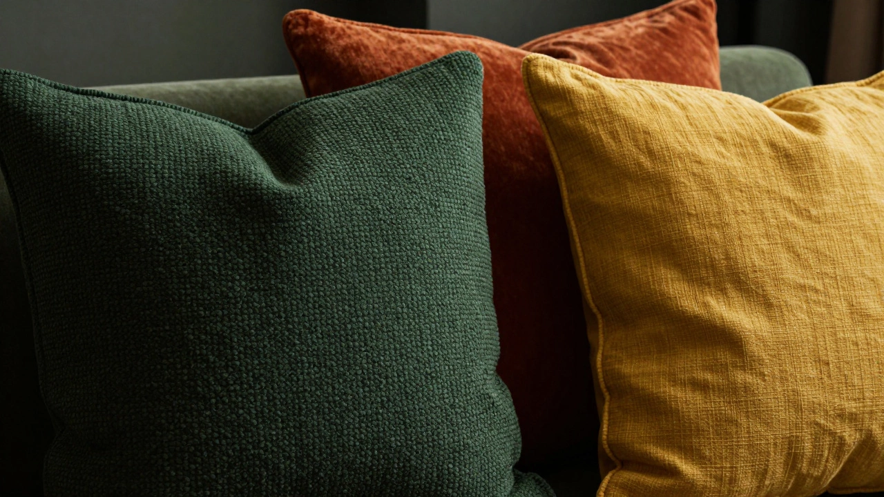 Close-up of moss green bouclé, terracotta velvet, and butter-yellow linen cushions