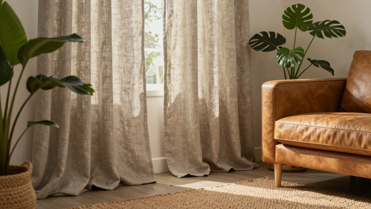 Cozy living room with oatmeal linen curtains, leather sofa, and indoor plants