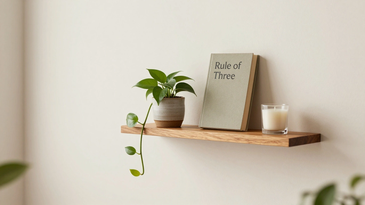 Curated floating shelf with a plant, book, and candle following the rule of three