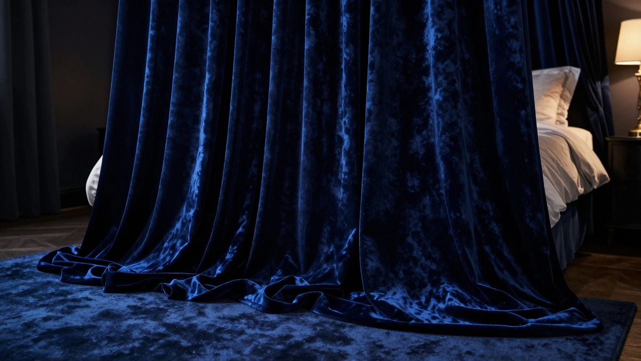 Deep navy blue velvet curtains puddling on a rug in a romantic, dimly lit bedroom