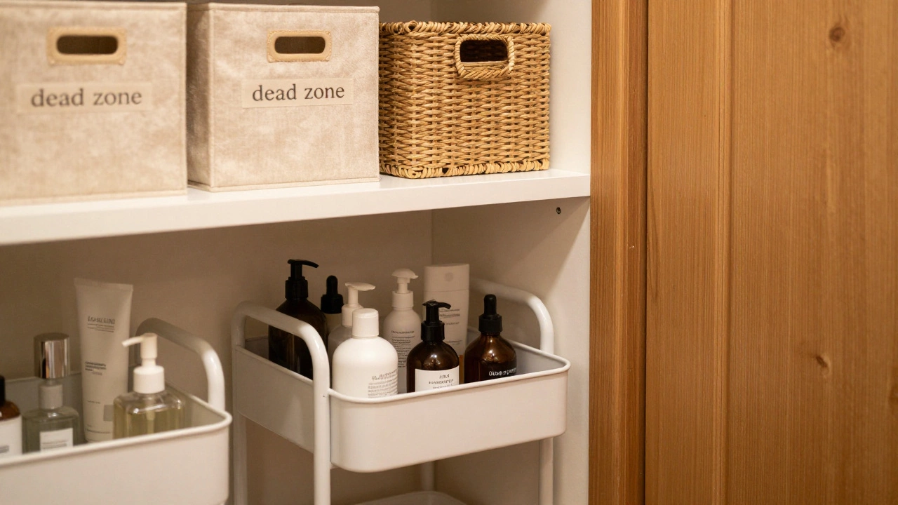 Floating shelf above a door and a slim wheeled cart in a narrow gap