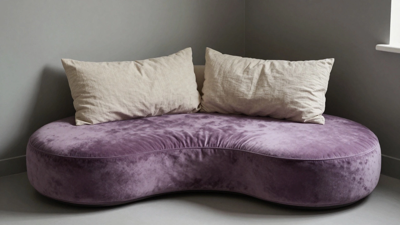 Large amethyst purple kidney-shaped floor cushion in a cozy, organic-style reading nook