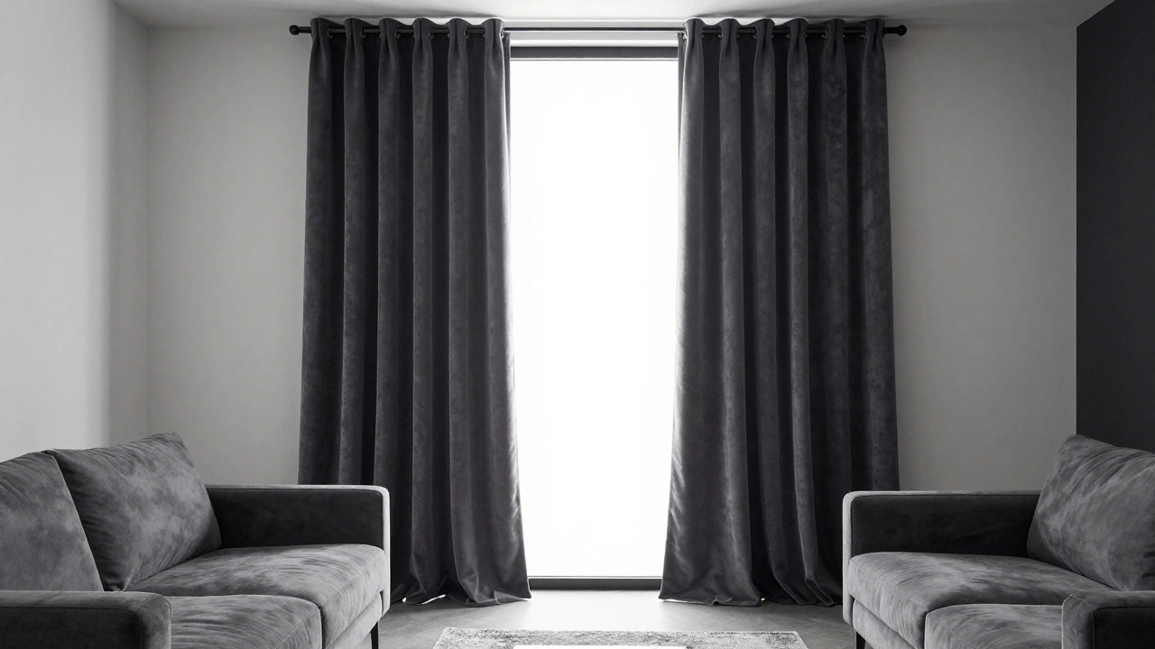 Modern room featuring bold charcoal gray velvet curtains against a light gray wall