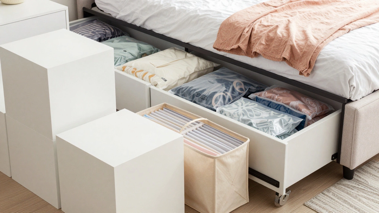 Storage bed with open drawers and modular cubes with file-folded clothes