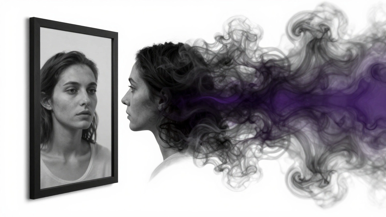 Surreal illustration of a face in a mirror distorting into a dark shadow figure