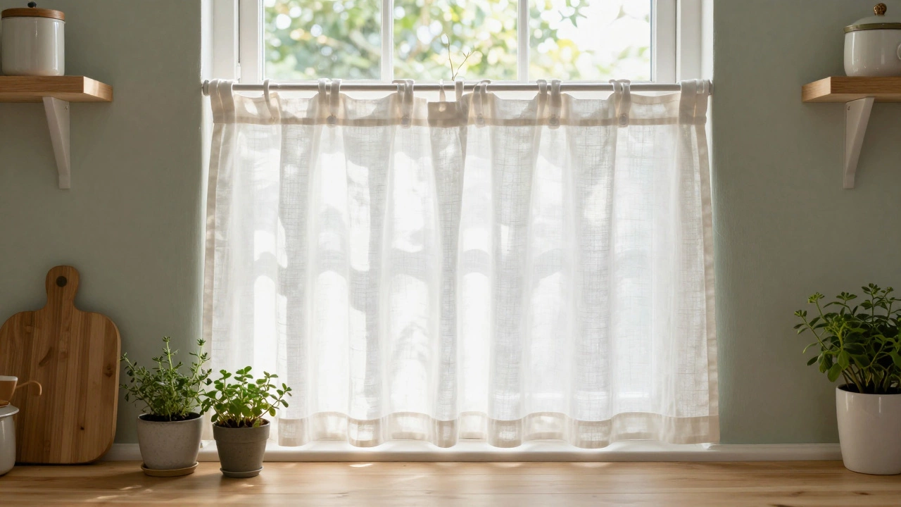 White linen café curtains on a kitchen window with sunlight and small potted herbs on the sill