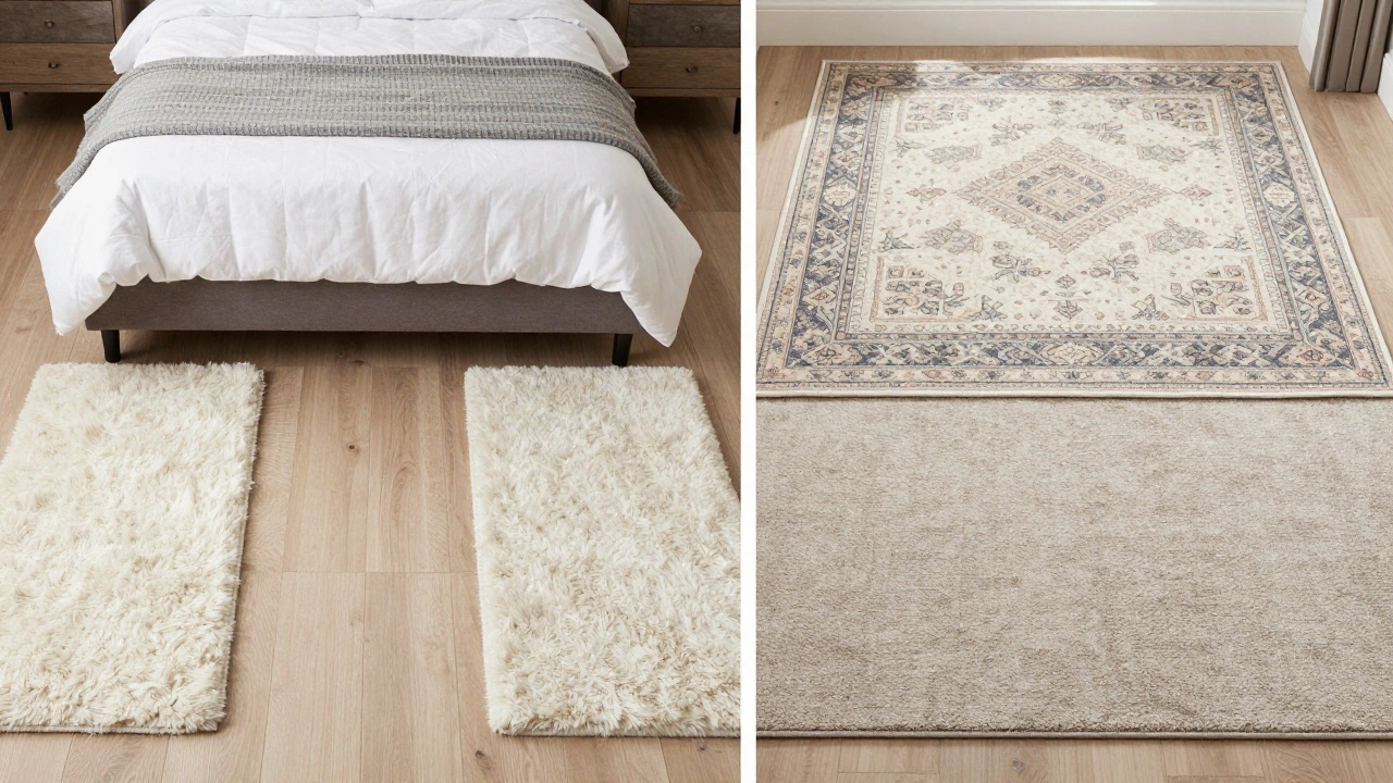 Bedroom with layered rugs flanking the bed for easy cleaning