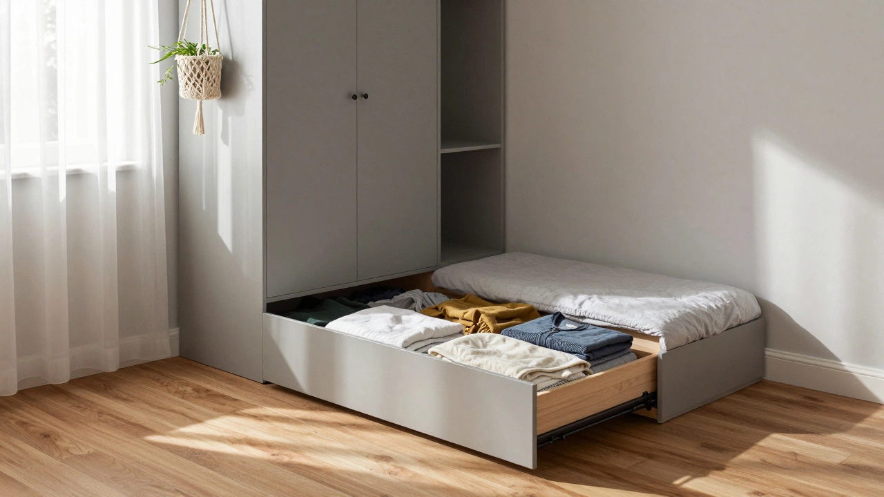 Bedroom with under-bed storage drawers and corner wardrobe