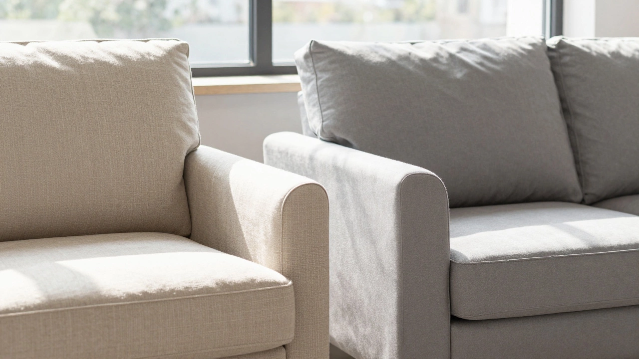 Close up comparison of sofa structure with arms vs low-back couch