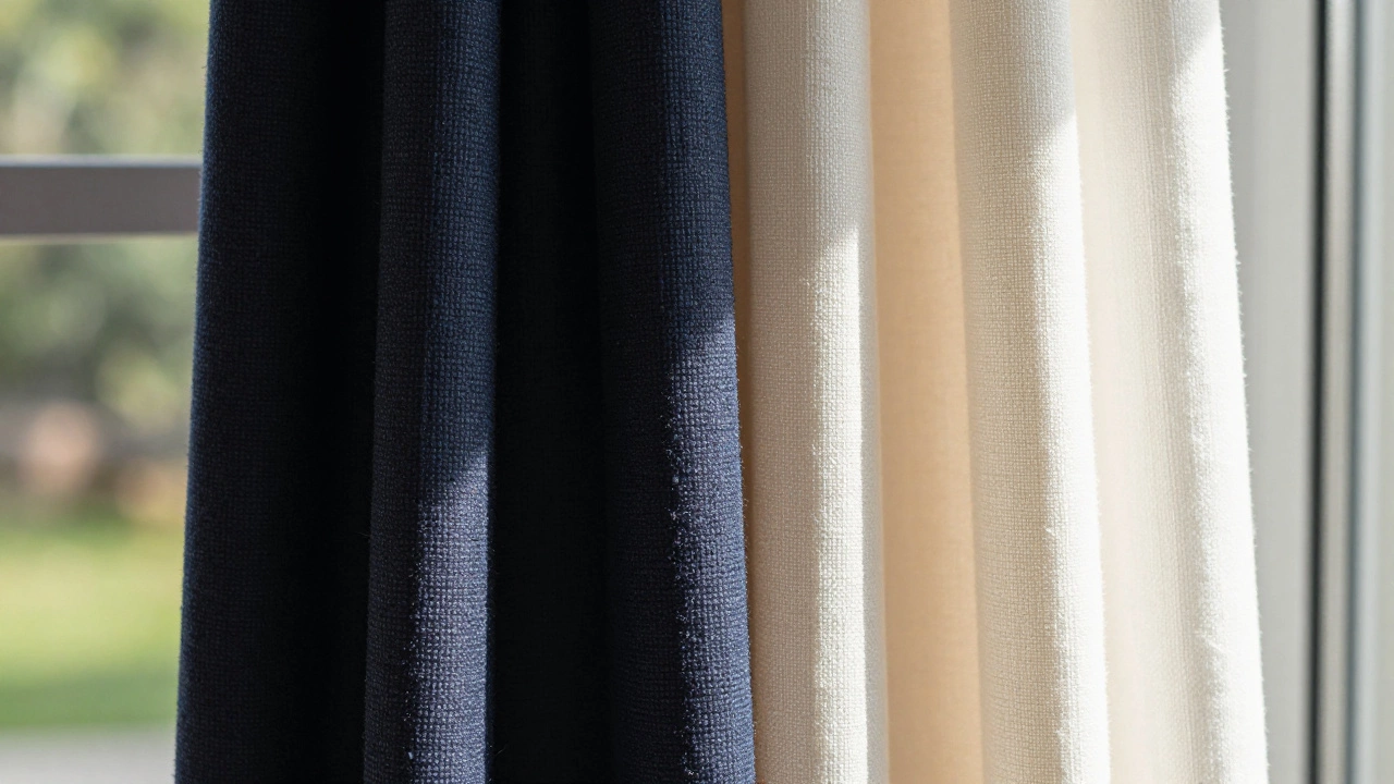 Close up of dark wool vs light cotton curtain fabrics in sun