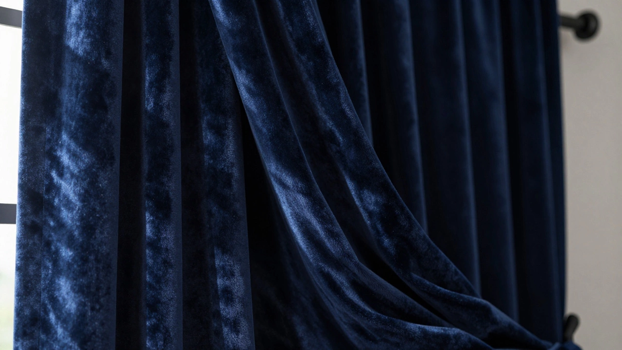 Close-up of navy velvet curtains showing luxurious folds and rich texture.