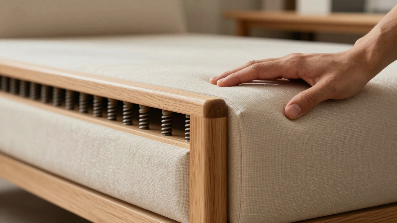 Close-up of sofa construction showing hardwood frame, springs, and dense foam