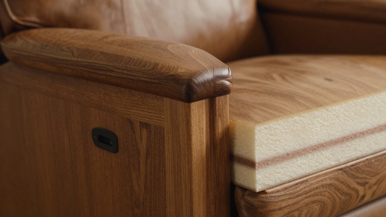 Close-up of solid hardwood frame and high-density foam in a durable recliner