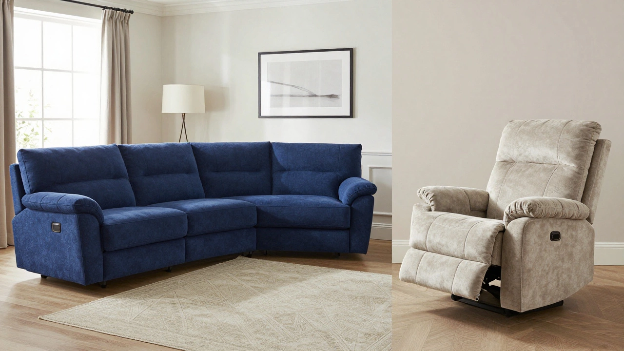 Comparison of luxury sectional and budget recliner in different room settings