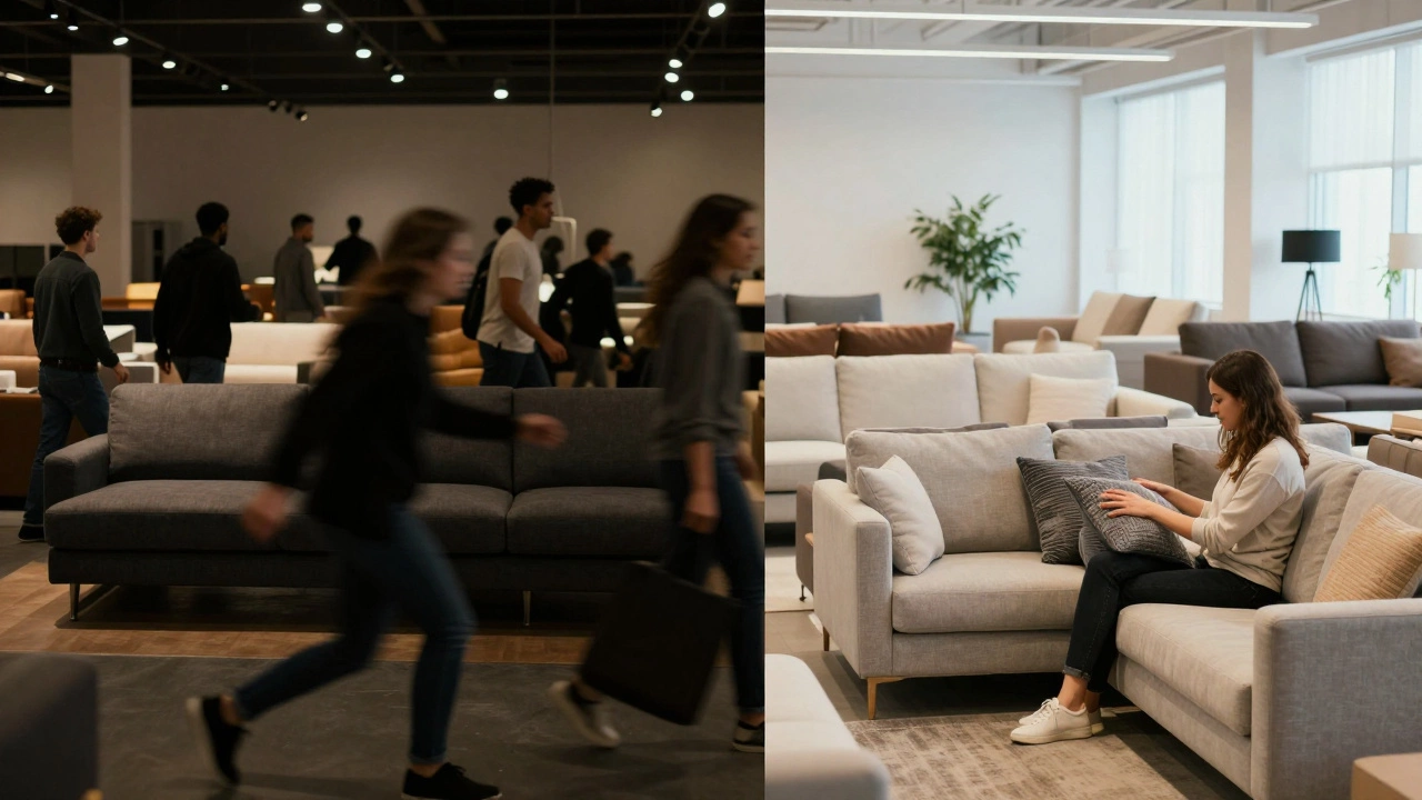 Contrast between chaotic Black Friday rush and calm September sofa shopping