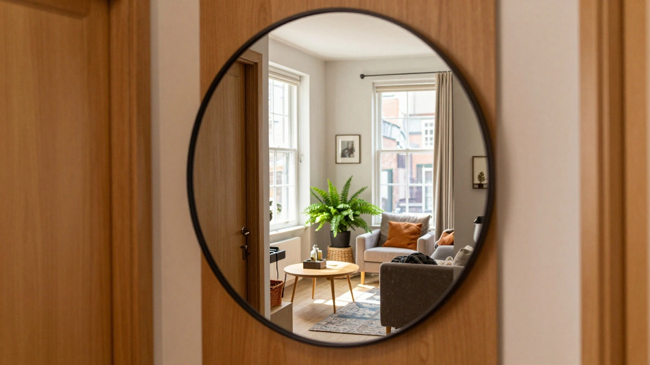 Convex mirror on a door expanding the view of a narrow apartment hallway.