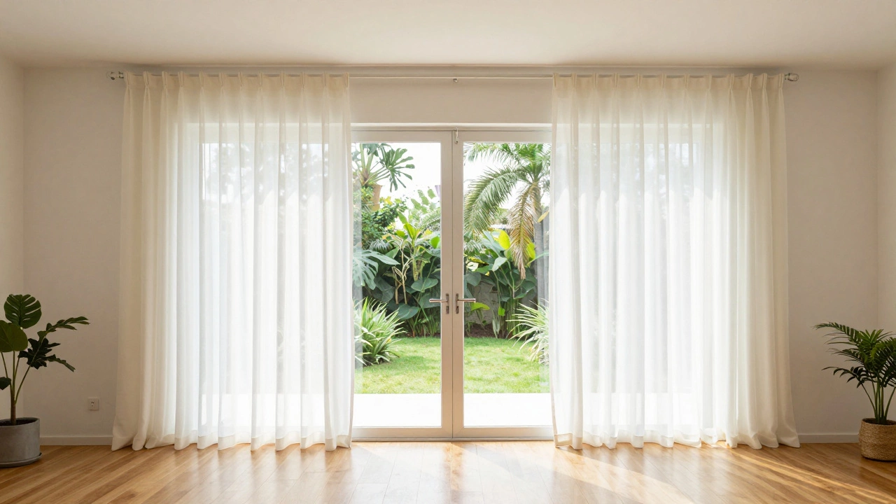 Cream drapes framing sliding glass doors, extending past the frame for easy access.