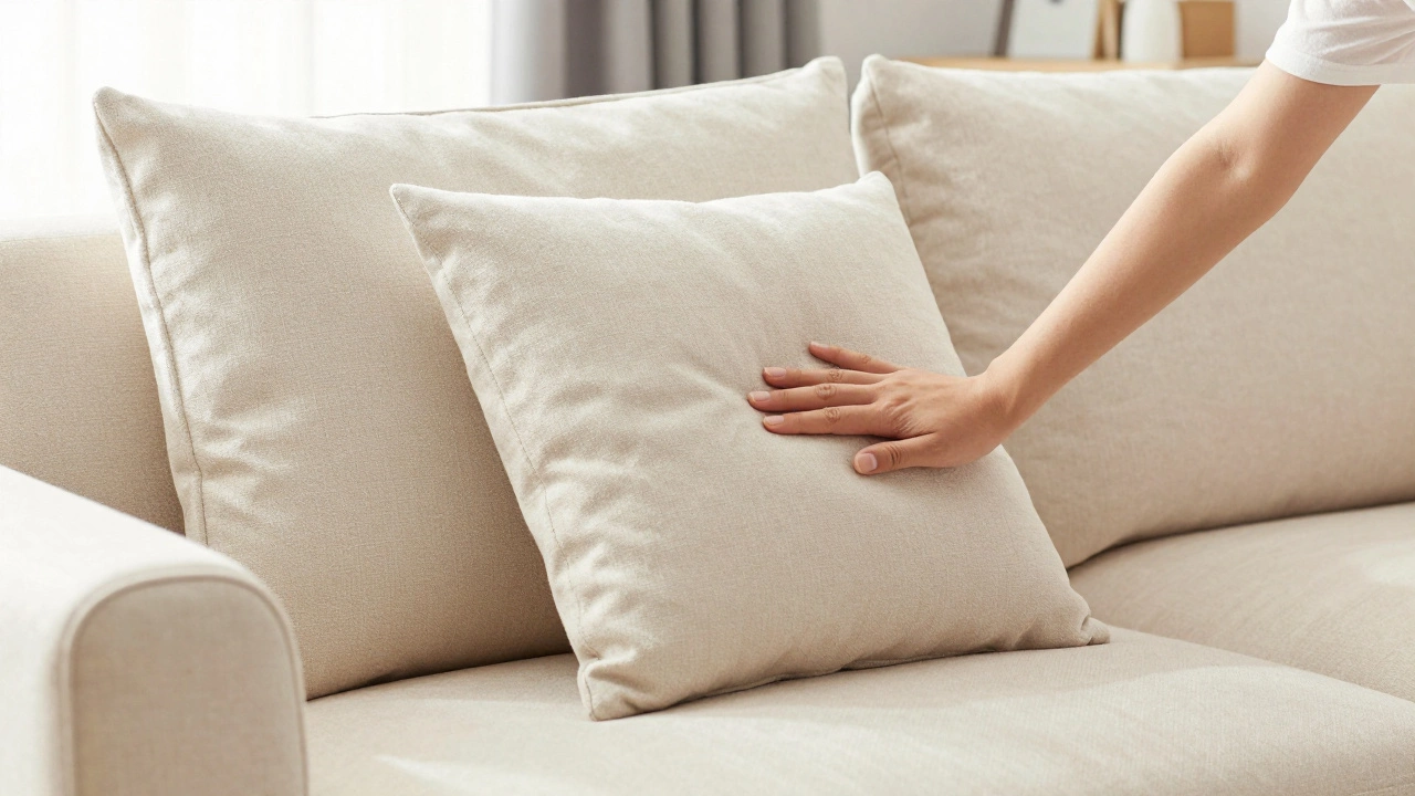 Hand rotating a fresh, plump sofa cushion in a bright, modern living room.