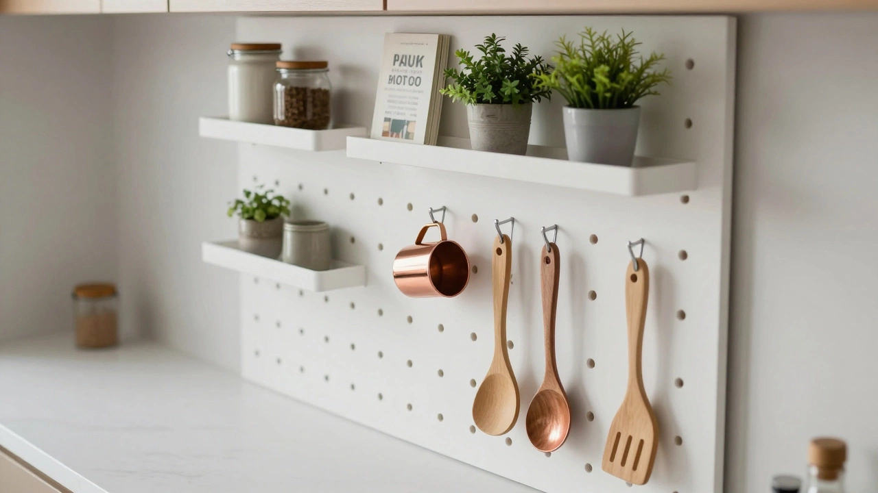 Kitchen wall with pegboard and floating shelf organization