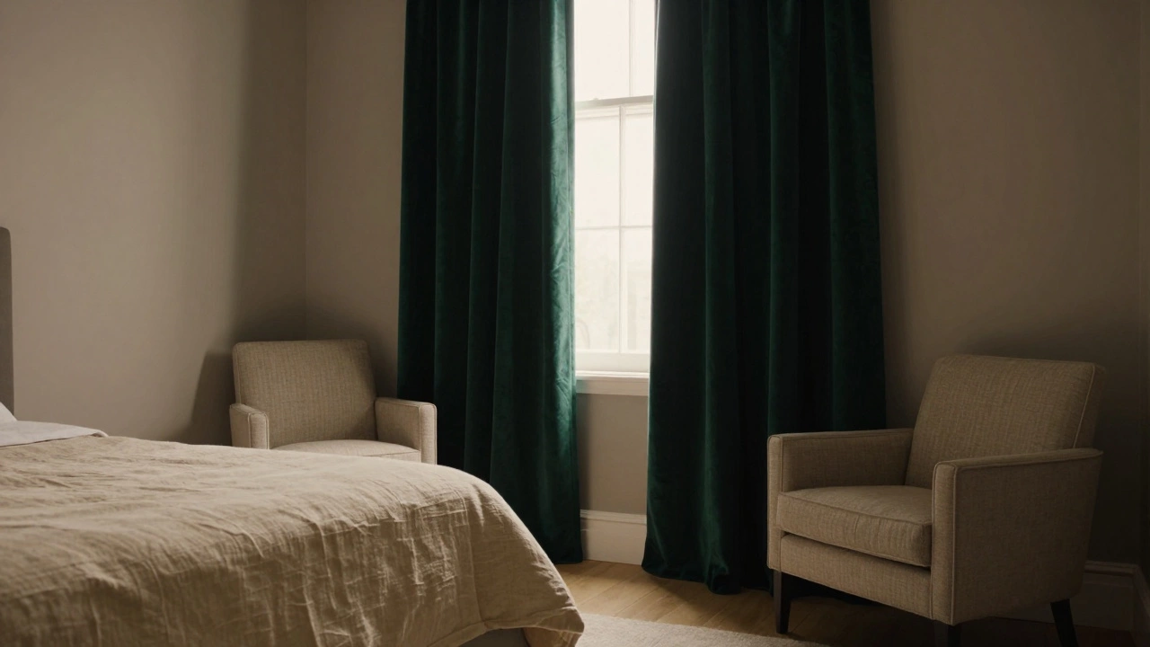 Light beige furniture framed by dramatic dark emerald green velvet drapes