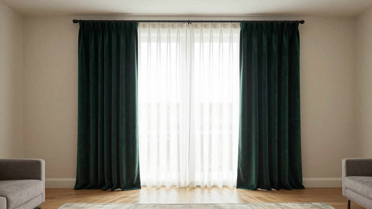 Living room with layered sheer white and dark green curtains