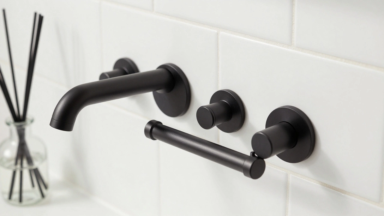 Matte black faucet and brushed nickel hardware on white tiles