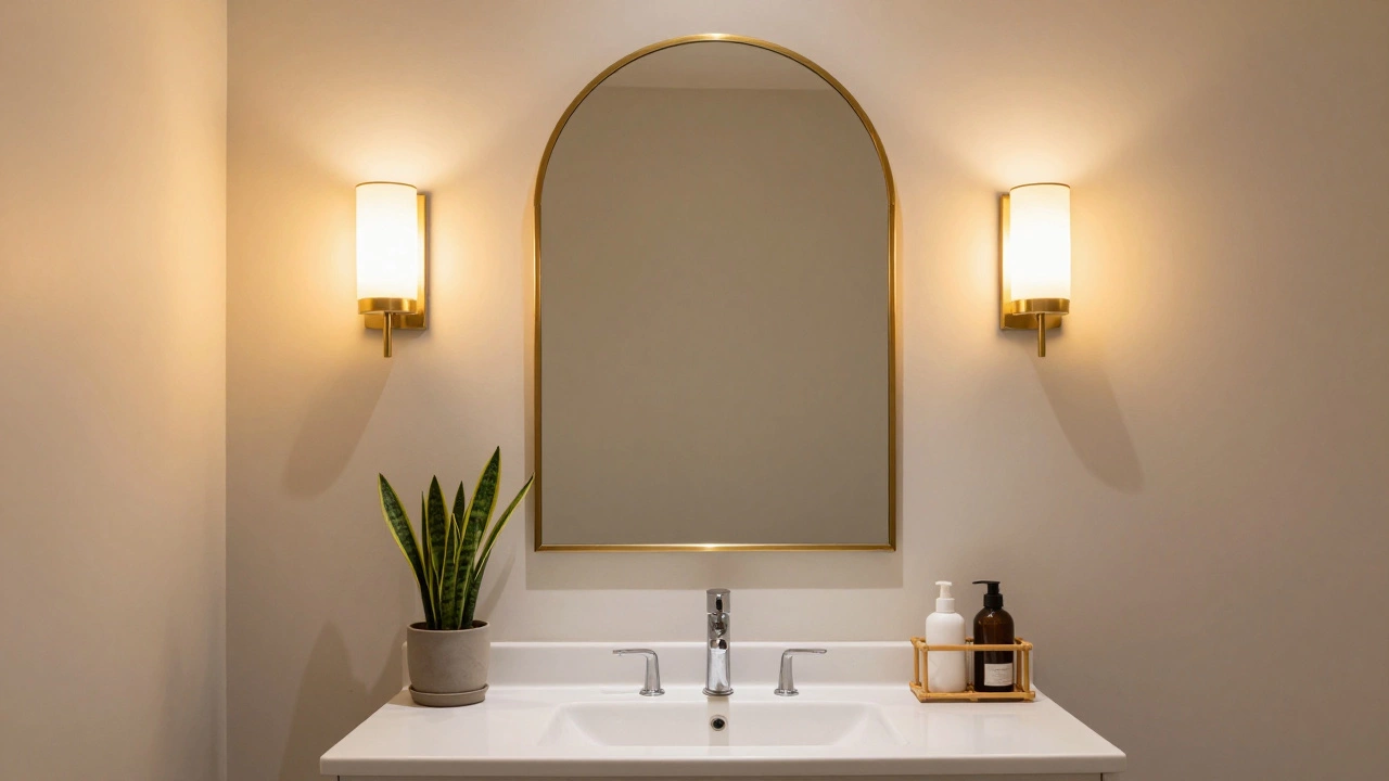 Modern bathroom vanity with arched mirror, sconces, and plants