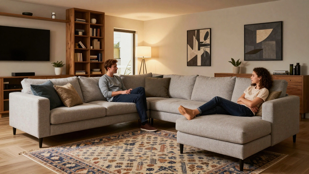Modern living room with hybrid sectional sofa used for sitting and lounging