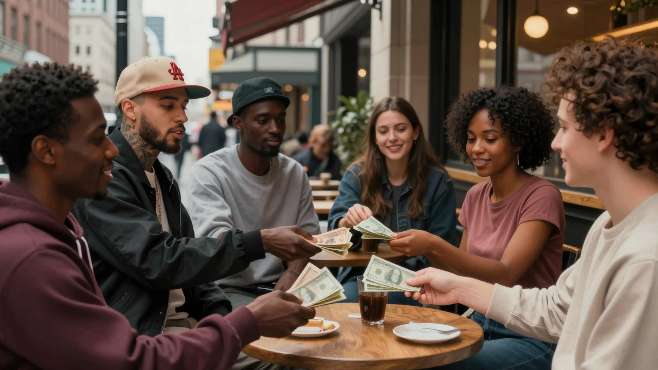 People exchanging cash in various global city settings