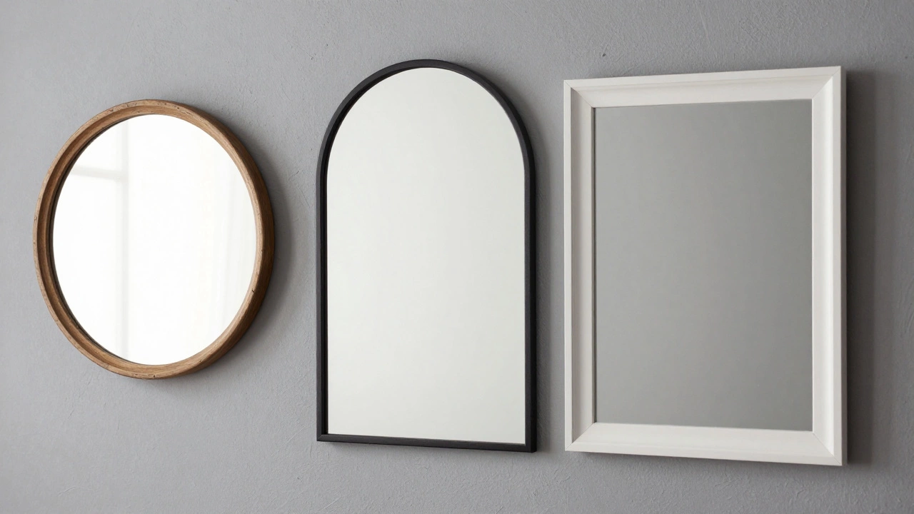 Round, arched, and rectangular mirrors with different frames on a grey wall