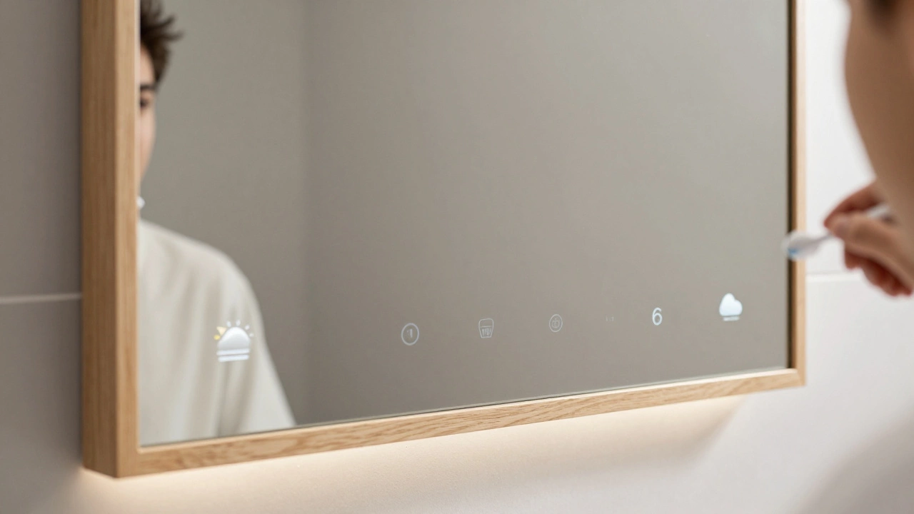 Smart mirror displaying digital information behind the reflection in a bathroom.