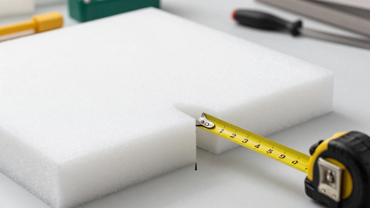 Tape measure on high-density foam block illustrating precise measurement for replacement.