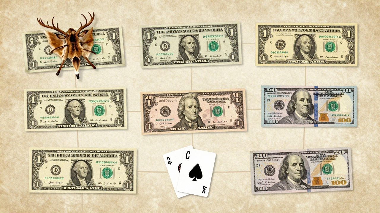 Vintage-style illustration of US dollar bills with slang symbols