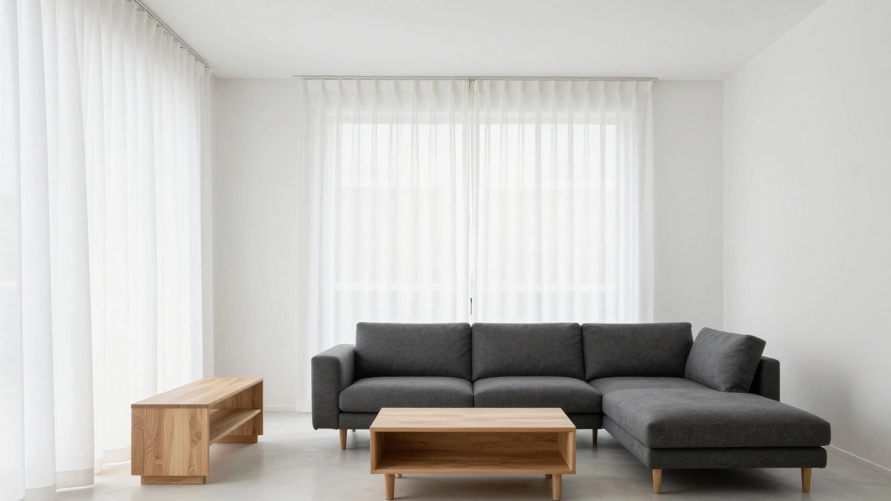 White curtains matching walls to highlight mixed wood and grey furniture