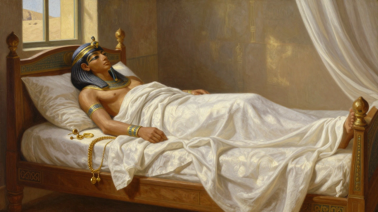 Ancient Egyptian noble resting on a bed draped in luxurious white linen sheets