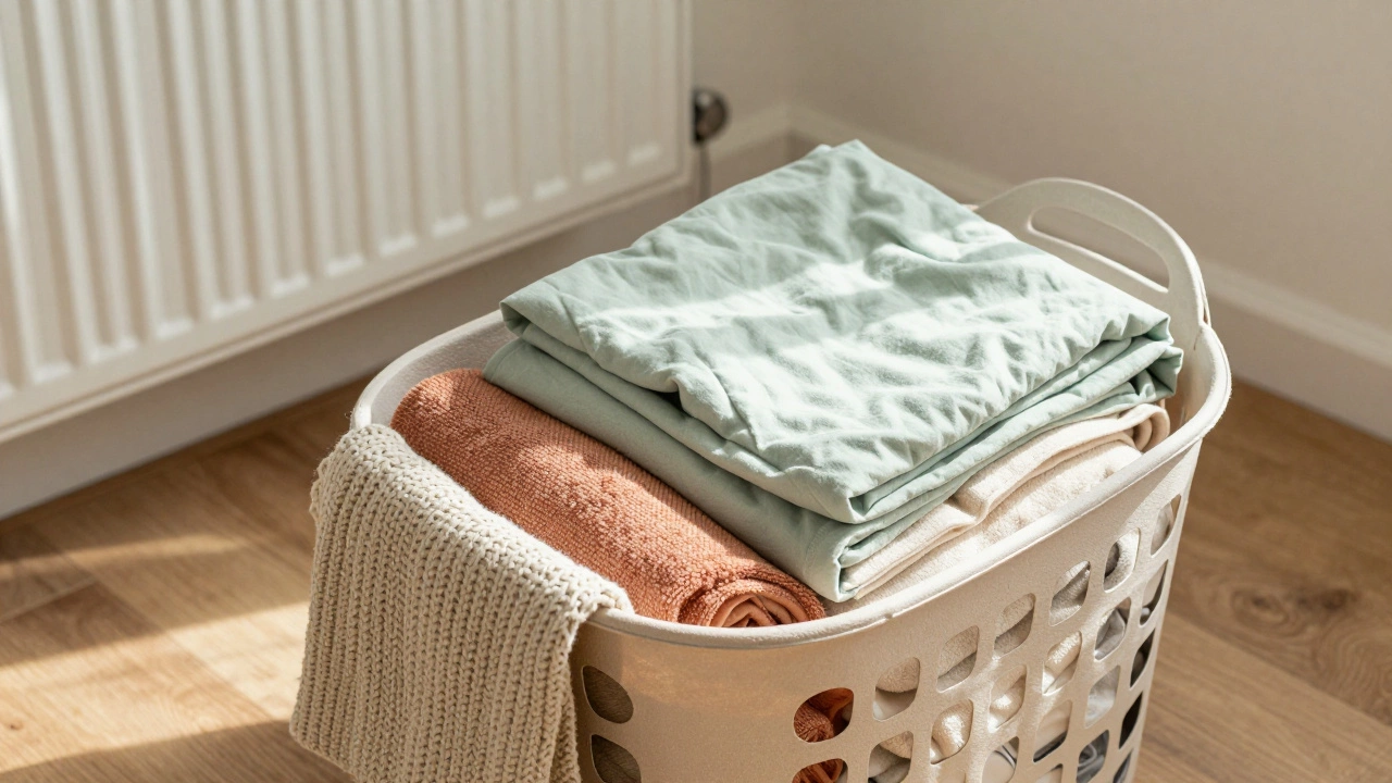 Basket of clean folded blankets in various textures on a wooden floor.
