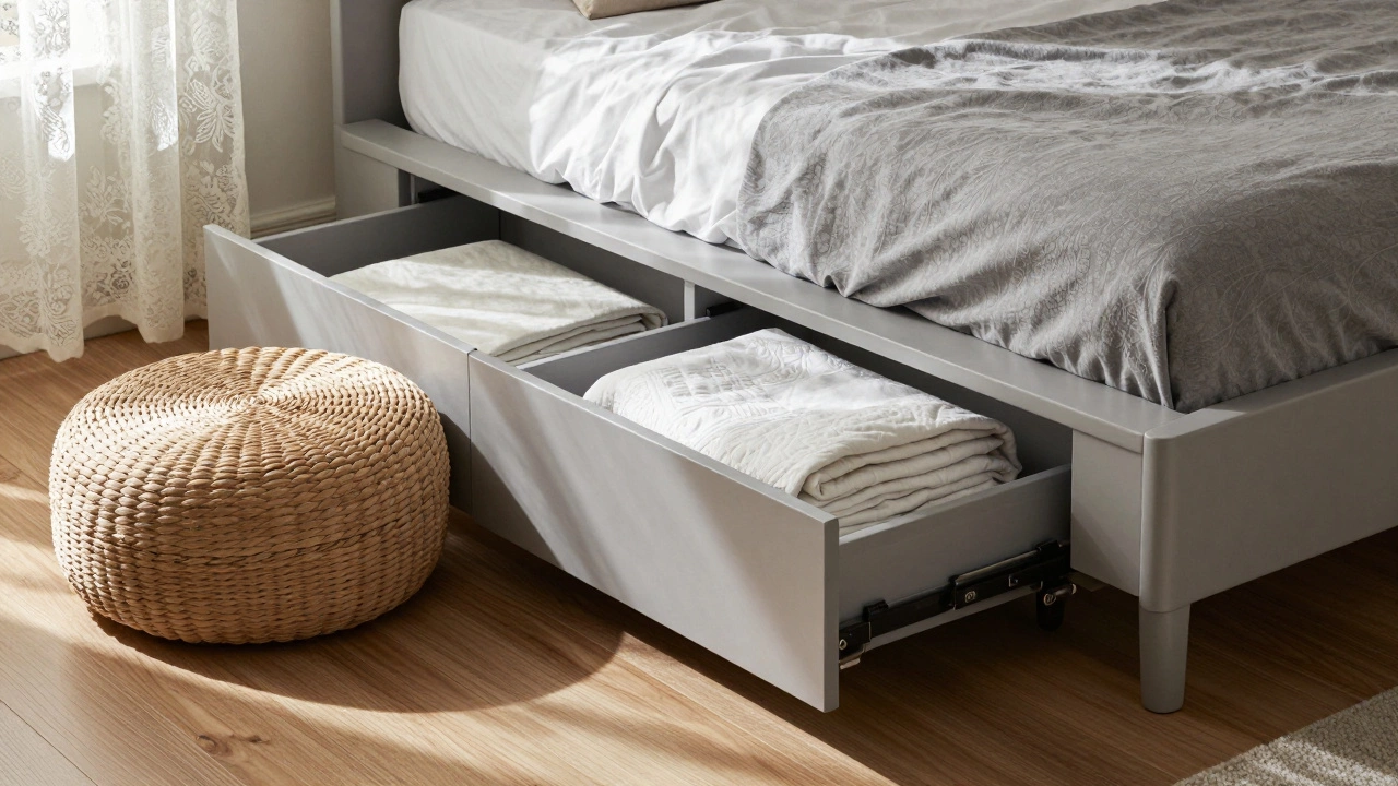 Bed with built-in drawers and a storage ottoman in a minimalist bedroom