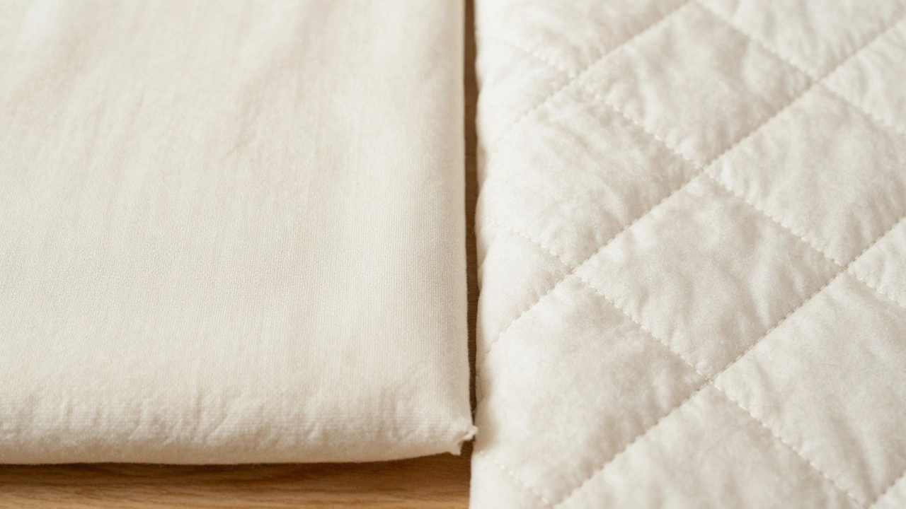 Close-up comparison of flat coverlet vs stitched quilt