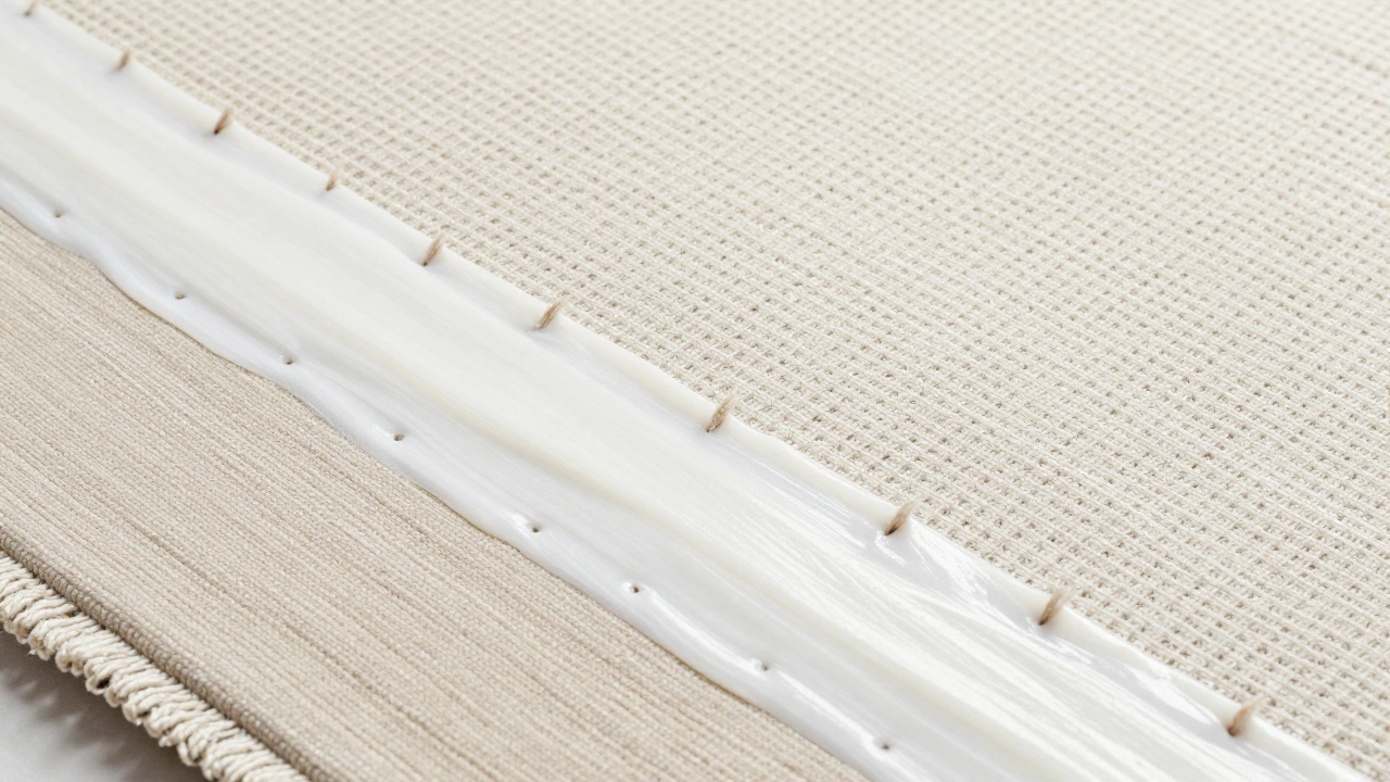 Close-up of a rug back with latex glue and mesh backing