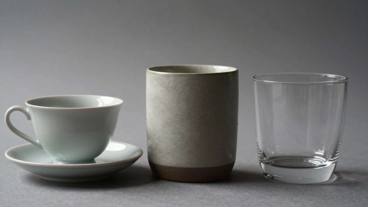 Close-up of a teacup, coffee mug, and drinking tumbler