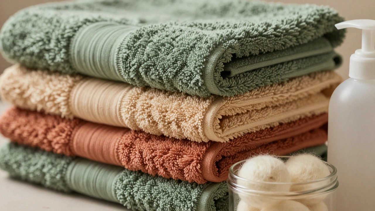 Close-up of plush cotton towels with wool dryer balls and vinegar