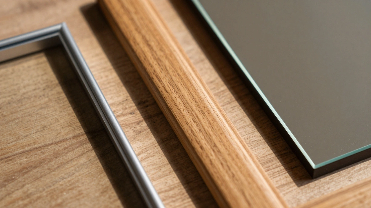 Comparison of metal, wood, and frameless mirror frames on table