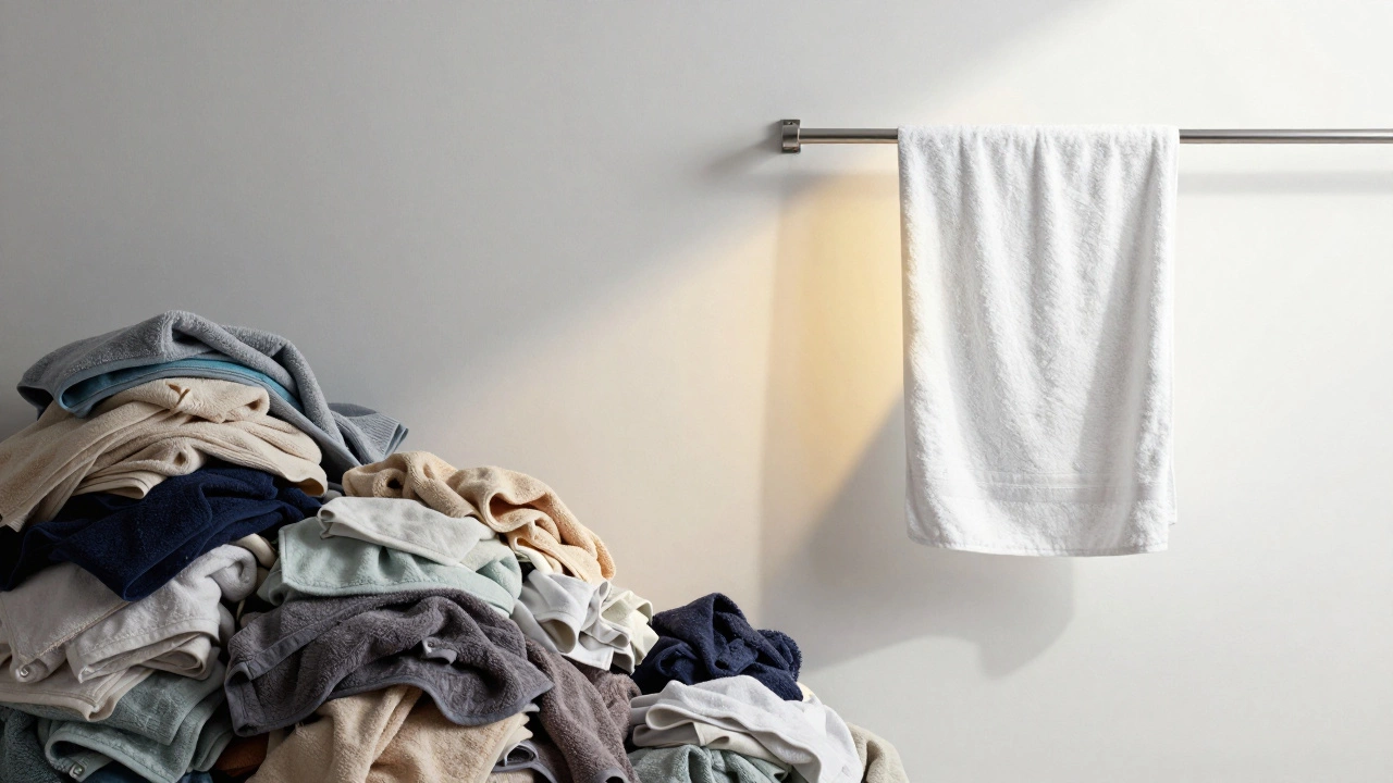 Conceptual art showing cluttered towels fading into one clean hanging towel