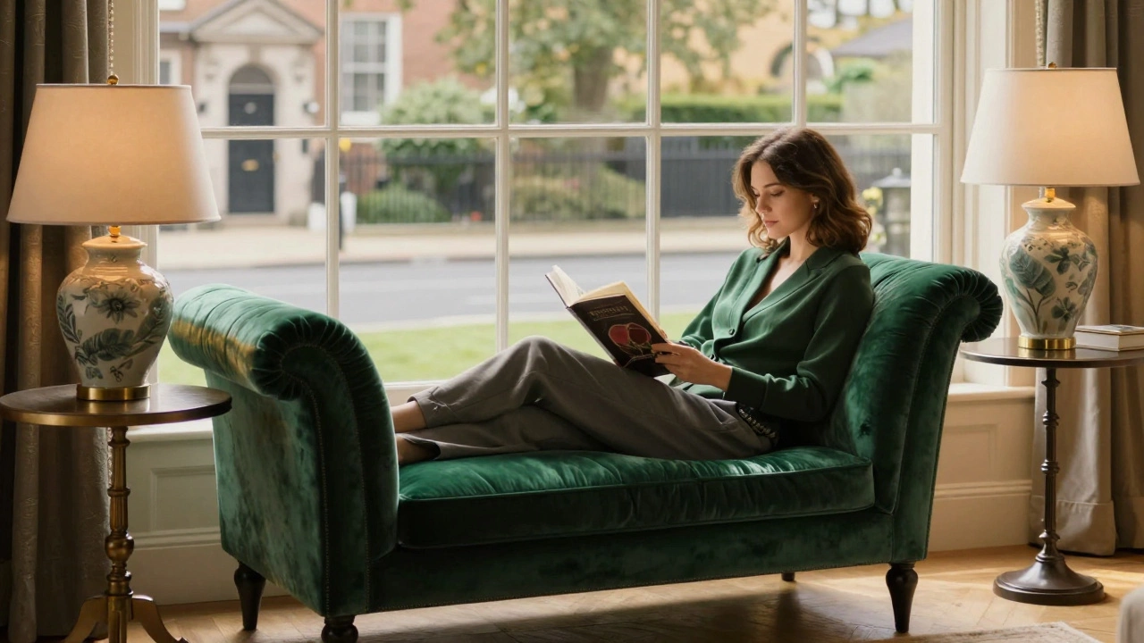 Elegant emerald velvet chaise lounge in a serene window-side reading nook